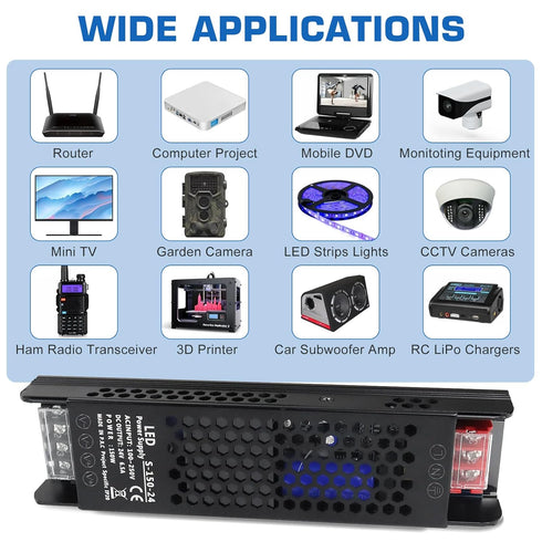 PZETCEIR 24V 150W 6.5A 100-250V 24V Bulbs, LED Driver Slim LED Power Supply, AC to DC Adapter, Constant Voltage