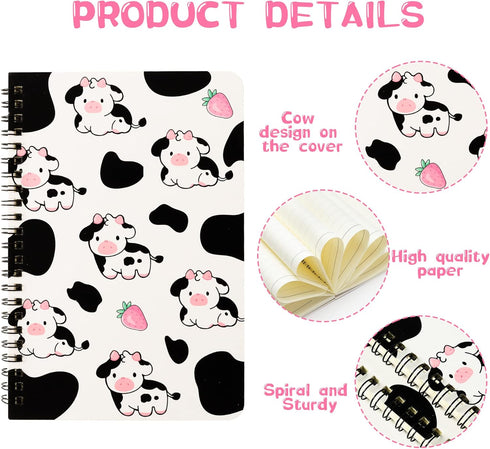 L1rabe Cute Cow Spiral Notebooks, Pink Strawberry Milk College Ruled Hardbound Journal for Kids