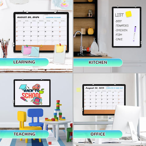 Monthly Calendar Whiteboard 24"x18", Magnetic Dry Erase Cork Board Combination for Office Kitchen Planning