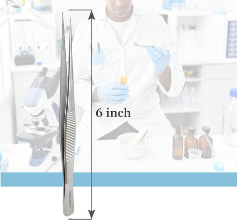 Stainless Steel High Precision Forceps with Fine Strong Straight Serrated Point to use Engineer Labware for Scientific Use 6" (15.2 cm), (6 Inch)