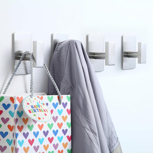 (4-Pack) Adhesive Towel Hooks, Square Stainless Steel Wall Hooks for Bathroom, Kitchen, Hanging Hats, Coats