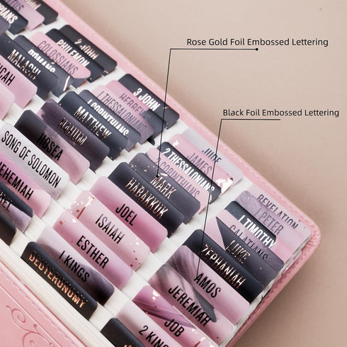 80Chapters UPAFEXXI-Laminated Bible Tabs (Rose Gold and Black Foil Embossed Lettering), Bible Tabs for Women