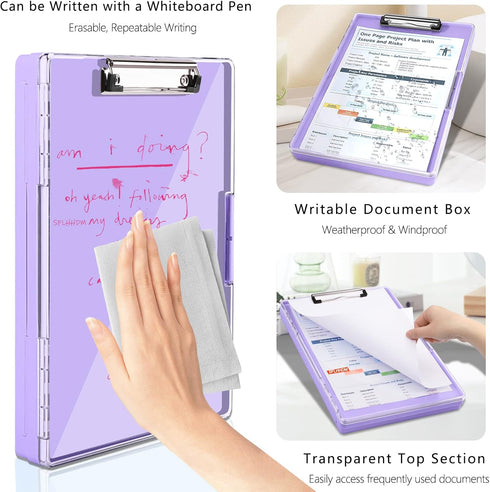 Clipboard with Storage, Heavy Duty Clip Boards 8.5x11, Clear Visible Top Panel, Side Opening for Office Supplies