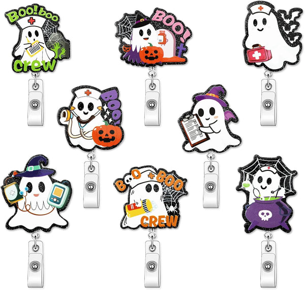 JarThenaAMCS 8 Pcs Halloween Badge Reel with Clips Glitter Boo Boo Crew
