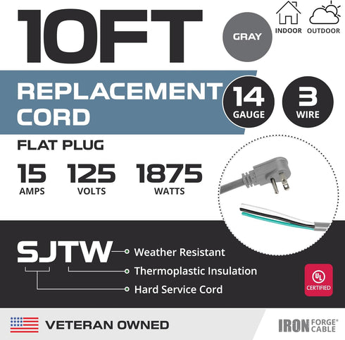 Iron Forge Cable 90 Degree Electrical Plug Slim Plug Head Replacement Power Cord with Open End - 10 Ft Gray Extension Cable,14/3 SJTW, for Universal AC Appliance, 15 AMP Flat Plug Replacement