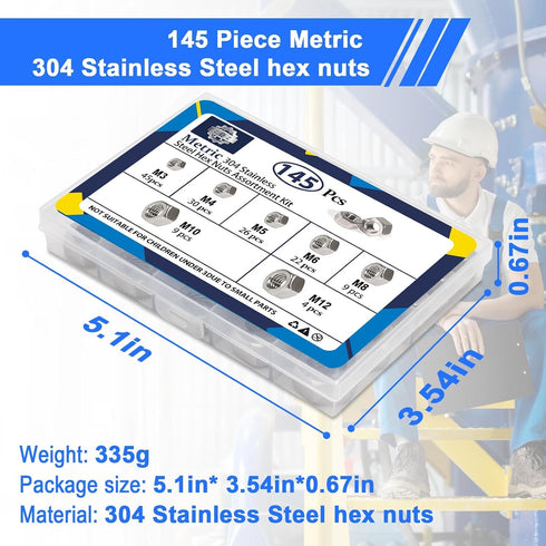 ZQZ 145 M3 M4 M5 M6 M8 M10 M12 Set PCS Assorted Stainless Steel Hex Nuts Assortment Kit Metric Hex Nut Hardware