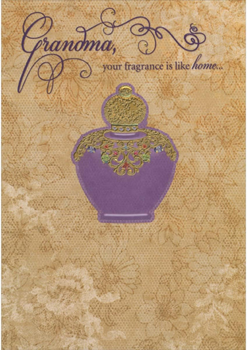 Designer Greetings Your Fragrance is Like Home: Purple Perfume Bottle with Gold