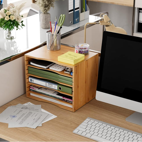 Bamjoy Bamboo 5 Tier Desktop Organizer, Paper Organizer Mail Sorter with Adjustable Shelves for School Home Office