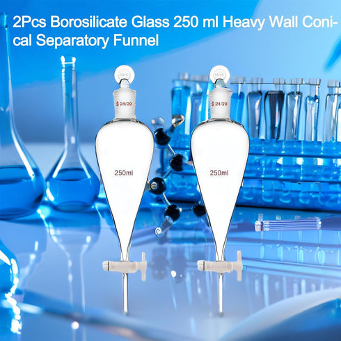 2pcs Borosilicate Glass 250ML Separating Funnel, Heavy Wall Conical with 24/40 Joints and PTFE Stopcock