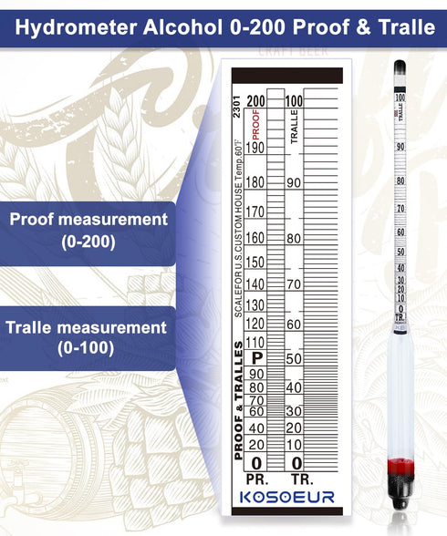 Hydrometer Alcohol Meter Kit for Liquor, 0-200 Proof and Tralle, Alcohol Tester with Test Jar for Distilling Spirits