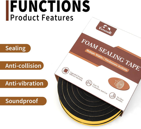 Yotache Foam Tape Weather Stripping for Door, 2 Rolls 1/2" W X 3/8" T, High Density Closed Cell Adhesive Weather Seal