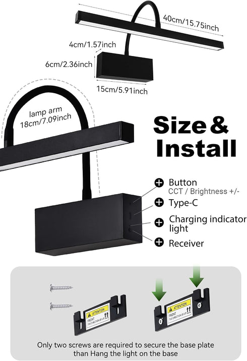 16 inch Dimming Picture Lights for Wall Battery Operated, Art Lighting for Paintings, Wireless Rechargeable Gallery