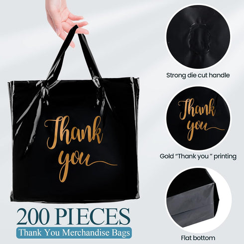 200 3 Packet Package 9 12'', 12 15'', 15 18''(Black) Teling Pcs Thanks Bags with Handle Bulk Thank You Merchandise Bags