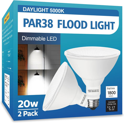 PAR38 LED Outdoor Flood Light Bulbs, 2 Pack, Dimmable 20W (200W Equivalent), E26 Base, 5000K Daylight, 1800 Lumens