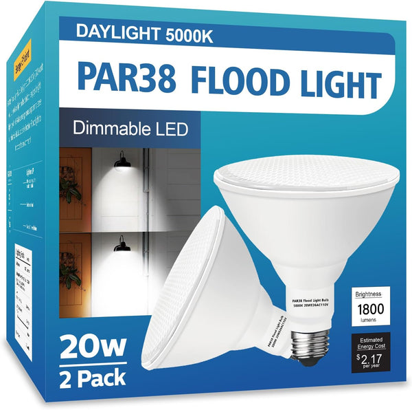 PAR38 LED Outdoor Flood Light Bulbs, 2 Pack, Dimmable 20W (200W Equivalent), E26 Base, 5000K Daylight, 1800 Lumens