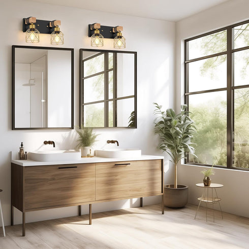 2-Light FadimiKoo Rustic Style Wood Bathroom Wall Sconces, Black Gold Bathroom Vanity Light Fixtures with Metal Shade