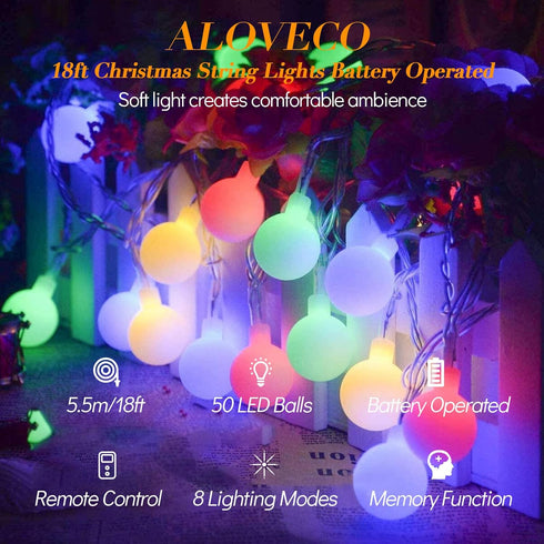 18ft 50 8 ALOVECO LED String Lights LEDs Battery Operated String Lights with Remote Modes Waterproof Globe Starry Fairy