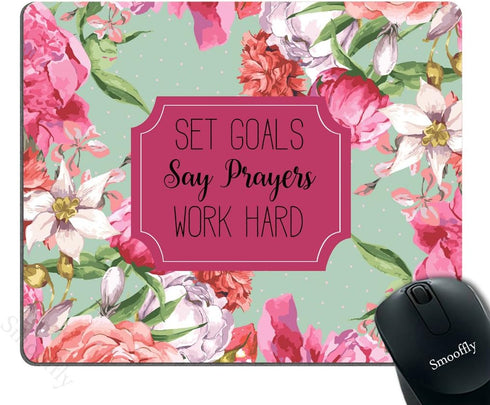 Smooffly Gaming Mouse Pad Custom, Set Goals Say Prayers Work Hard Floral Neoprene Inspirational Quote Mousepad