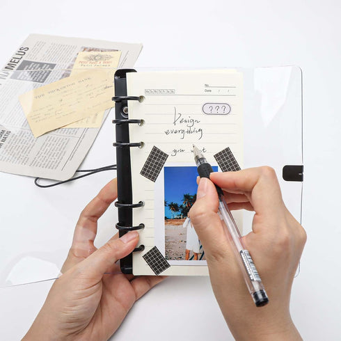 Clear A6 Binder with Elastic Band, 6 Black Rings Journal Planner, Thick PVC Notebook Cover for A6 Grid Paper Refills