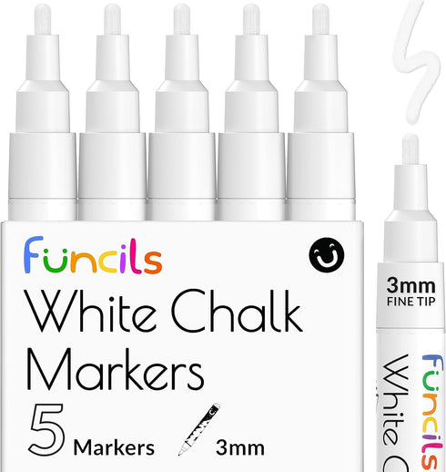White Chalk Markers, Fine Tip (5 Pack 3mm), Liquid Chalk Marker Erasable for Chalk Board, Glass, Car Window
