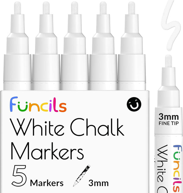 White Chalk Markers, Fine Tip (5 Pack 3mm), Liquid Chalk Marker Erasable for Chalk Board, Glass, Car Window
