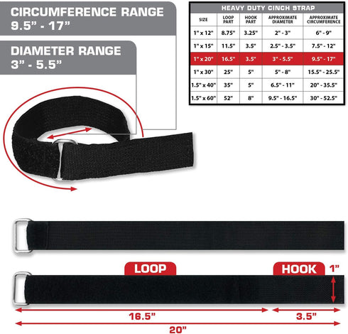 Heavy Duty Cinch Straps - 6 Pack, 1" x 20", Reusable Durable Hook and Loop with Stainless Steel Metal Buckle