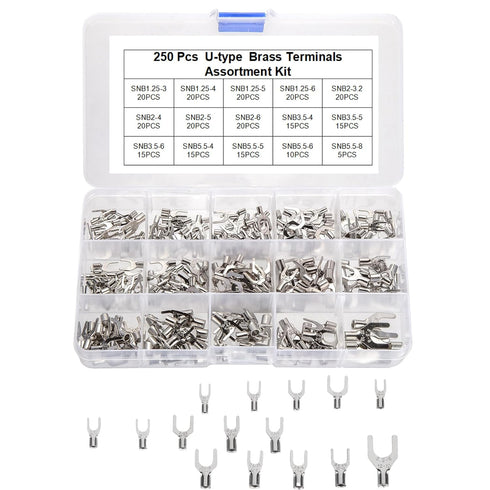 250pcs Non-Insulated Fork Terminals, Copper Fork Wire Connectors for AWG 22-10 Crimp Fork End Terminal