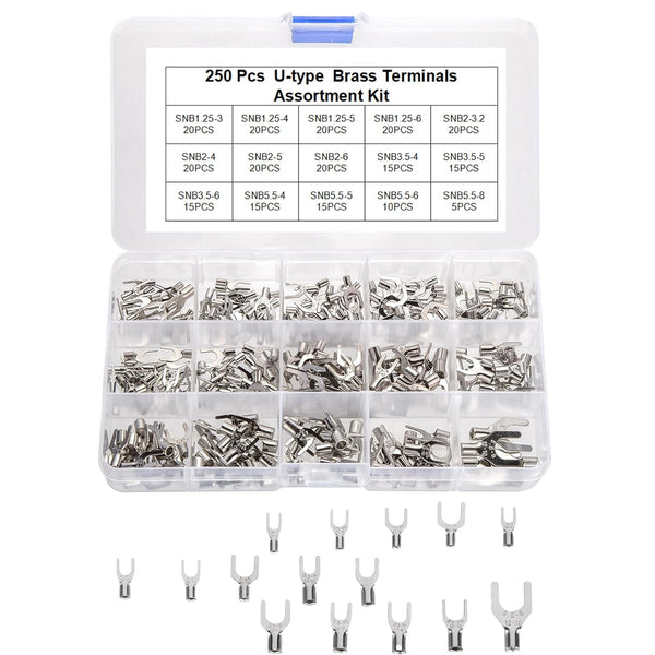 250pcs Non-Insulated Fork Terminals, Copper Fork Wire Connectors for AWG 22-10 Crimp Fork End Terminal