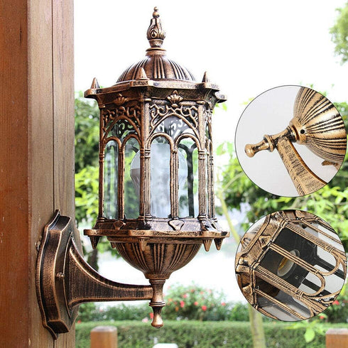 E27 Sconce(6.1 13.19) FIKNEE Vintage Retro Wall Lamp Exterior Wall Mount Light Fixture, Antique Brass Lanterns Glass
