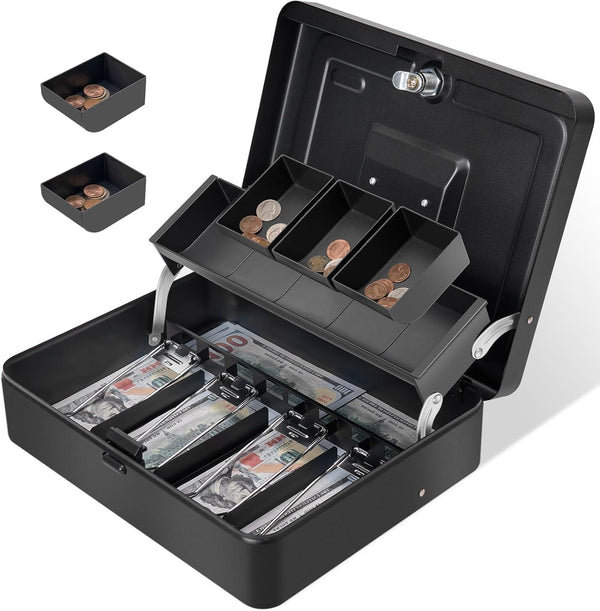 Cash Box with Key Lock on Top, 11.8L x 9.5W x 3.5H Inches, Durable Black Metal Money Box with Tray & 4 Bill Slots