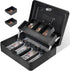 Cash Box with Key Lock on Top, 11.8L x 9.5W x 3.5H Inches, Durable Black Metal Money Box with Tray & 4 Bill Slots