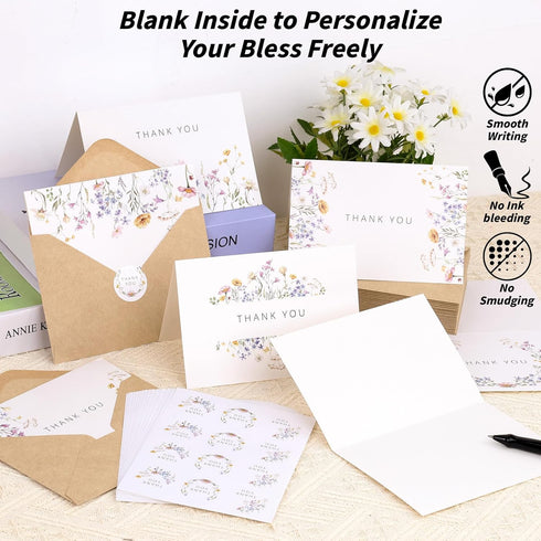 600 4x6 Inch, 6 PCS Floral Thank You Cards with Envelopes and Stickers, Wildflower Designs Thank You Notes, Greeting