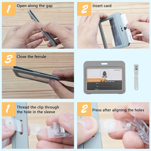 ID Badge Holder with Plastic Clip, Double-Sided Transparent Windows Horizontal Hard Grey Plastic Case for Office School