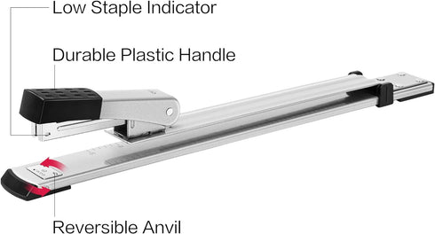 Deli Long Reach Stapler, 20 Sheet Capacity, Long Arm Standard Stapler for Booklet or Book Binding, Silver