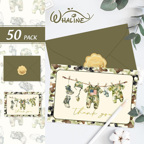 50 4 6 Inch Whaline Pcs Baby Shower Thank You Cards Greeting Cards with Envelopes Stickers Vintage Green Camouflage