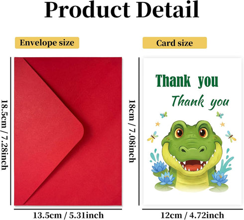 TNCDJKPA Cute Crocodile Thank You Card with Red Envelope - Watercolor Alligator Thanks Greeting Card for Kids Birthday