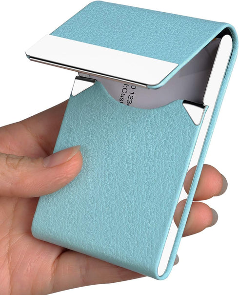 JuneLsy Professional Business Card Holder Case, PU Leather Metal Name Card Holder for Men & Women (Light Blue)