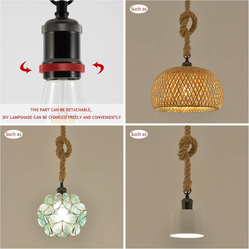 E26 Industrial Hemp Rope Chandelier;Single Head Farmhouse Pendant Lights Base Ceiling Lamp;Retro Pendant Lamp Cord- DIY