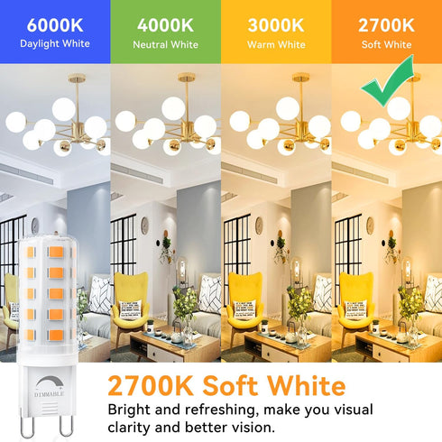 Dimmable G9 Bulb 4W 40 2700K T4 G9 9 Bulb 120V 450LM, 6 Pack TJOY LED Equivalent Watt, Soft Warm White, Bi-pin Base