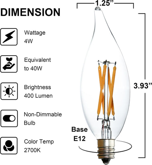 B10-C32 E12 Bulb 4W 2700K 6pcs Non-Dimmable LED Candelabra Warm White, Flicker-Free Long Last Vintage for Wax Warmer