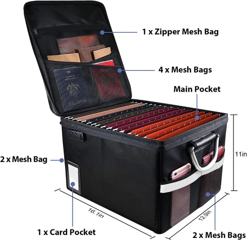 Fireproof Document Box with 5 Pack Hanging File Folders (Letter Size), Portable Organizer Box with Lock and Handle (5