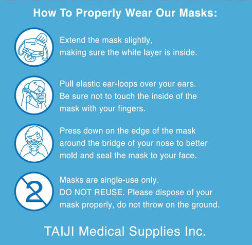 TAIJI Medical Supplies 3-Layer F3502 96%, 50-Count, TMS Consumer Series Face Mask, Tested Disposable, Single-Use, Made
