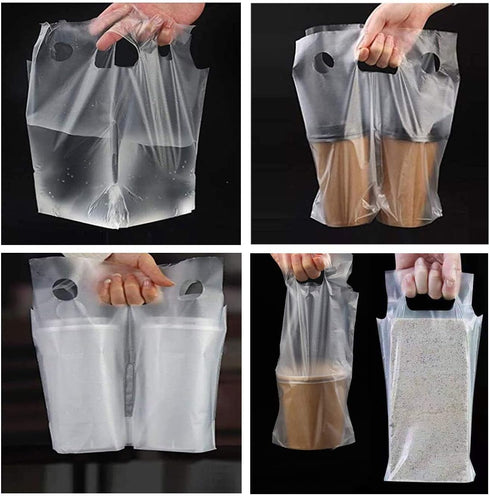 EGV 300PCS Packaging (26x30cm) Clear Handle Drink Drinking Poly Plastic Bags,Drink Carrier, for Delivery Take Out Cup