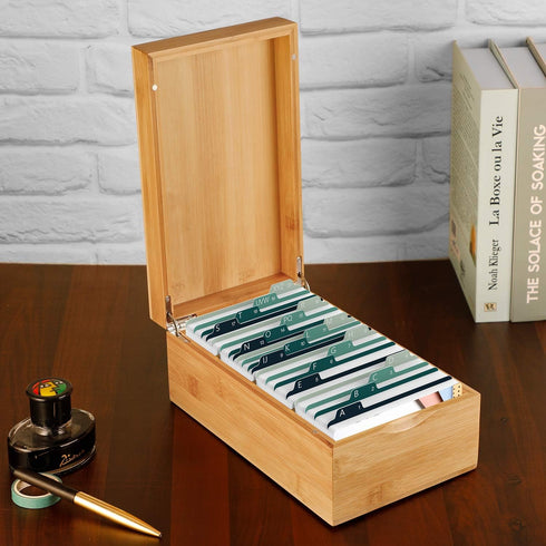 MaxGear Bamboo Index Card Holder, 3 x 5 Inch Organizer with 4 Dividers, Holds 600 Cards