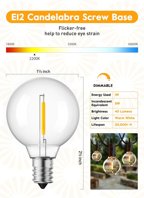 Brightown G40 Replacement LED Light Bulbs, 10 Pack Clear Globe Bulb fits E12 C7 Candelabra Screw Base Sockets, 1.5 Inch Dimmable Edison Light Bulbs for Indoor Outdoor Patio Decor, Warm White by Brightown