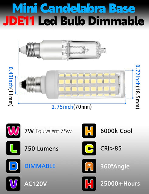 JD E11 LED Candelabra Bulbs, 75 Watt Equivalent, Dimmable, E11 7W, 750LM, Daylight White 6000K, Pack of 3