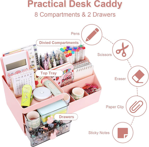 Desk Organizer, Makeup Organizer with 2 Drawers, 7 Compartment Storage for Women, Cute Bathroom Organization, Pink