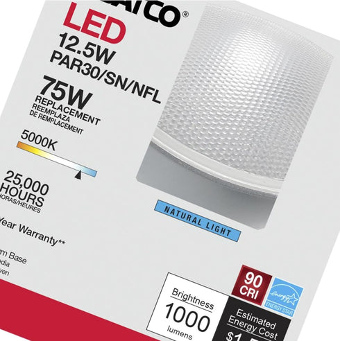 Satco 12.5W PAR30 Bulb 5000K 1000 25 E26 90 Dimmable 120V S29414 (2 Pack) Short Neck LED Light Natural Light Lumens