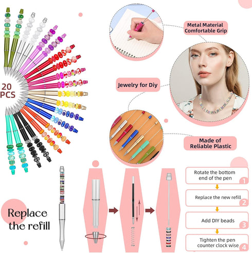 Geyee 300 Pcs Plastic Beadable Pen Set, 20 Bead Ballpoint Pen, 40 Extra Refill, DIY Bead Pen for Back to School Supplies