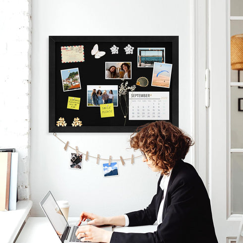 Double-Sided Black Cork Board with Linen, 24" x 18" Wood Framed Bulletin Board with 20 Pushpins